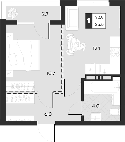 1-комн., 32.8 м², 6/17 этаж, ЖК «Луиджи»