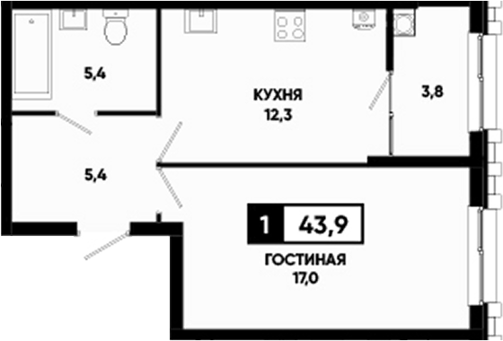 1-комн., 40.1 м², 2/24 этаж, ЖК «Основа. ГК ЮгСтройИнвест. Ставропольский край»