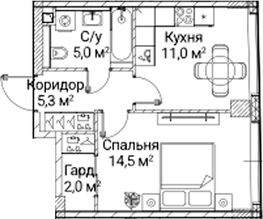 1-комн., 37.02 м², 7/41 этаж, ЖК «СЕЗАР БУДУЩЕЕ»