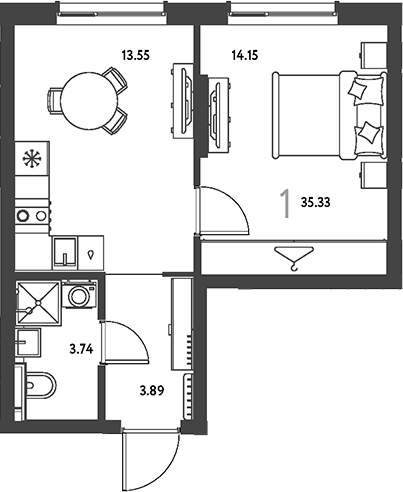 1-комн., 35.33 м², 17/19 этаж, ЖК «Страна.Парковая»