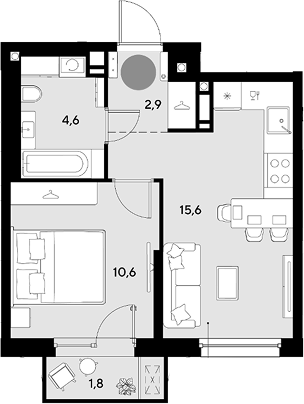 1-комн., 33.7 м², 5/18 этаж, ЖК «Грейд»