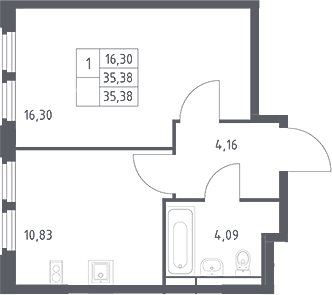 1-комн., 35.38 м², 4/17 этаж, ЖК «Космический Квартал»