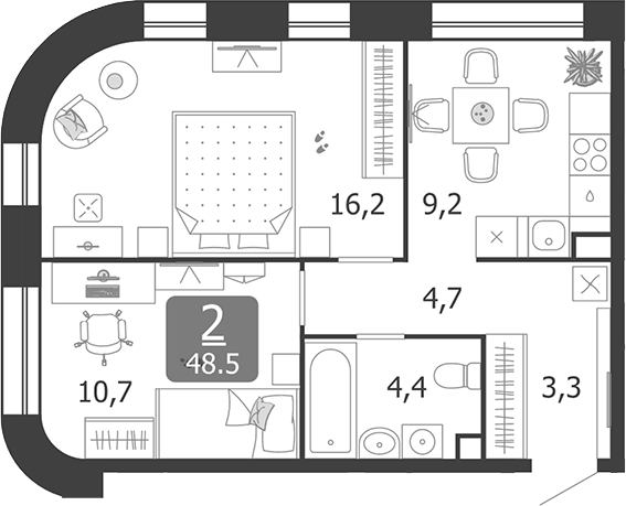 2-комн., 48.5 м², 2/11 этаж, ЖК «Шагал»