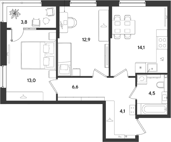 2-комн., 55.2 м², 2/18 этаж, ЖК «Ридз»