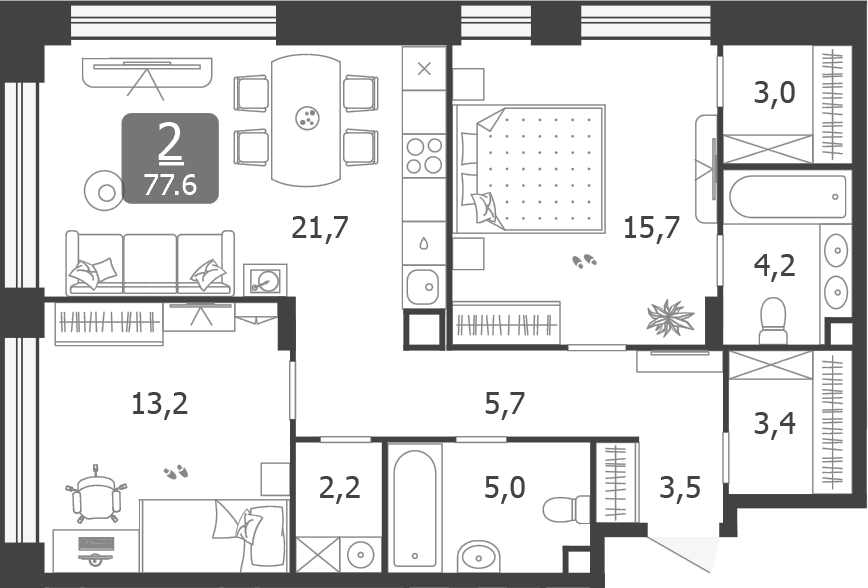 3-комн., 77.6 м², 12/14 этаж, ЖК «Шагал»