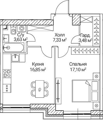 1-комн., 48.39 м², 24/51 этаж, ЖК «СЕЗАР СИТИ»
