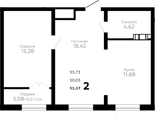 2-комн., 50.03 м², 9/16 этаж, ЖК «Твин парк»