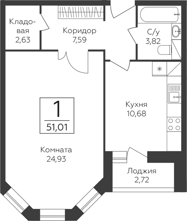 1-комн., 49.65 м², 3/23 этаж, ЖК «Пахра Сити»