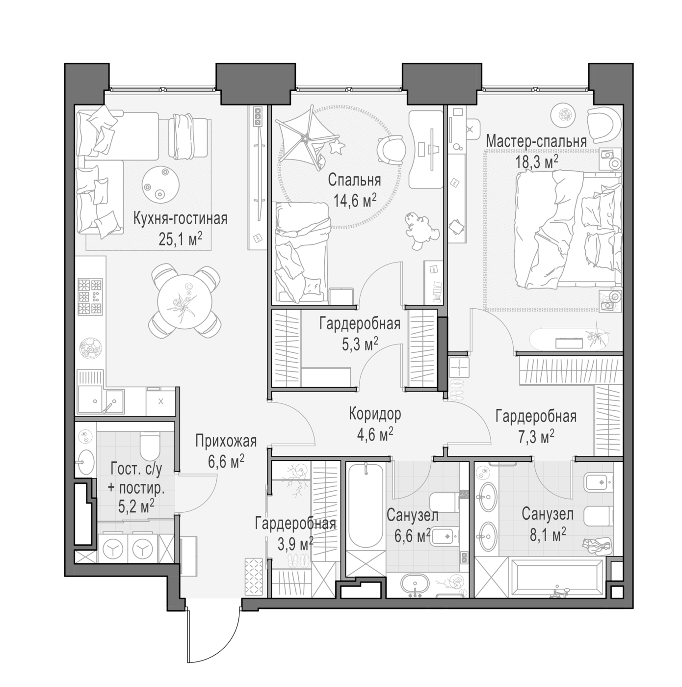 3-комн., 106.7 м², 4/10 этаж, ЖК «Квартал Life Time»