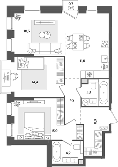 3-комн., 76.4 м², 4/21 этаж, ЖК «Пейв»