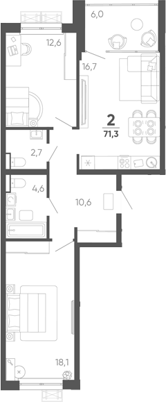 2-комн. квартира, 65.3 м² в ЖК Барса — фото 2