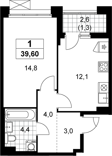 1-комн., 38.3 м², 12/19 этаж, ЖК «Прокшино»