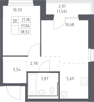 2-комн., 37.06 м², 2/17 этаж, ЖК «Прибрежный Парк»
