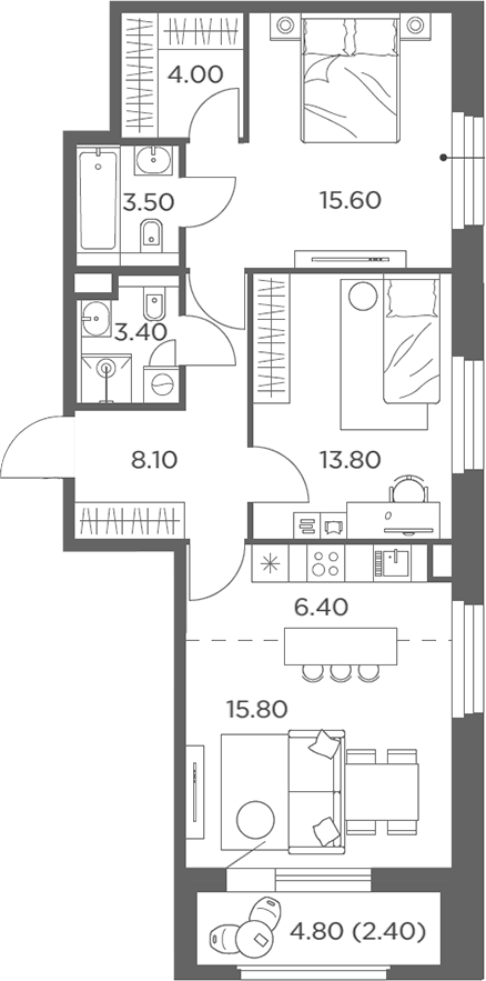3-комн., 70.6 м², 13/17 этаж, ЖК «Белый Град»