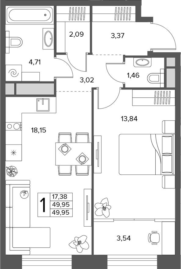 2-комн., 49.95 м², 4/18 этаж, ЖК «Городской бор»