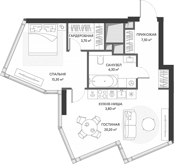 2-комн., 56.8 м², 9/34 этаж, ЖК «ХАЙДАУТ»