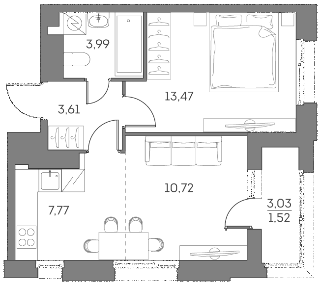 2-комн., 39.56 м², 24/25 этаж, ЖК «Аквилон БИСАЙД 2.0»