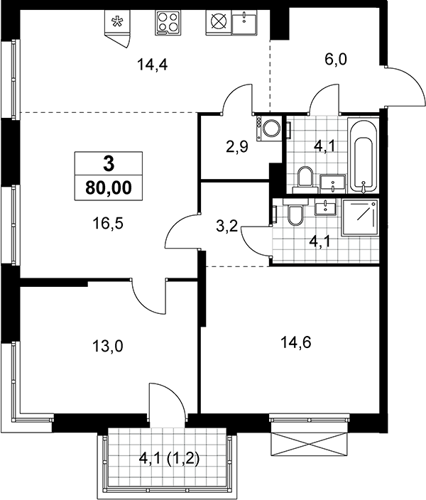 3-комн., 78.8 м², 7/21 этаж, ЖК «Дзен-кварталы»