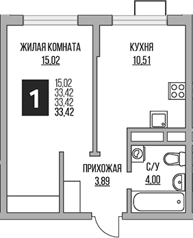1-комн., 33.42 м², 12/16 этаж, ЖК «Гранель Алексеевская роща»