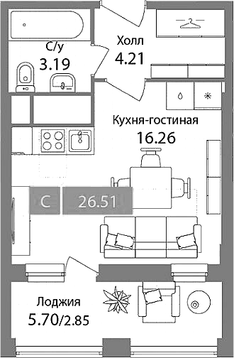 Студия, 23.66 м², 3/12 этаж, ЖК «Планерный квартал»