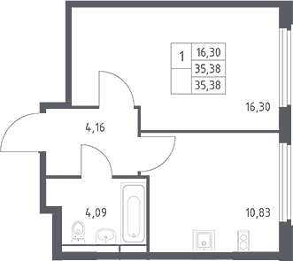 1-комн., 35.38 м², 11/16 этаж, ЖК «Космический Квартал»
