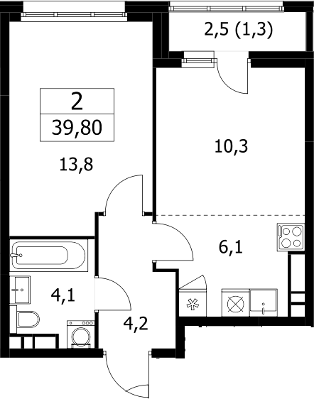 2-комн., 38.5 м², 12/14 этаж, ЖК «Дзен-кварталы»