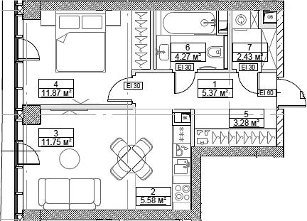 2-комн., 44.55 м², 7/49 этаж, ЖК «Сити Бэй»