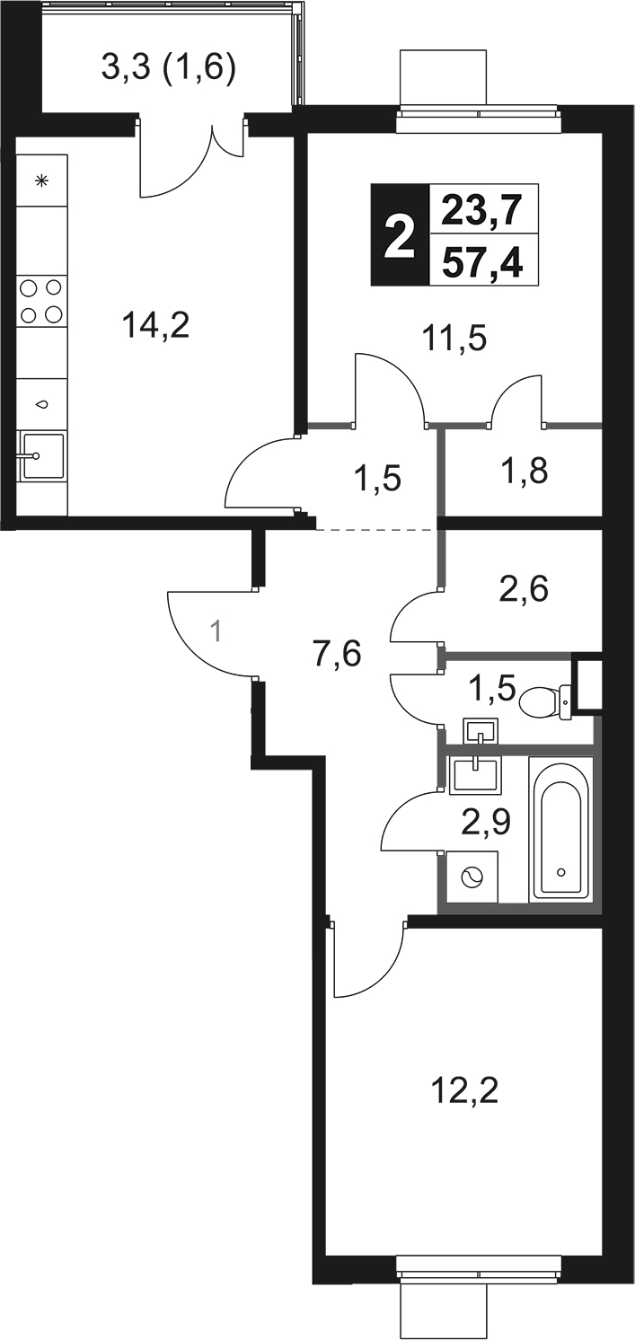 2-комн., 55.8 м², 5/8 этаж, ЖК «1-й Химкинский»