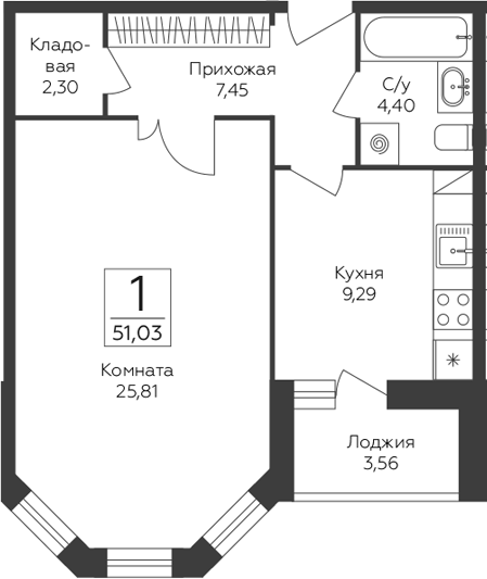 1-комн., 49.25 м², 15/17 этаж, ЖК «Пахра Сити»