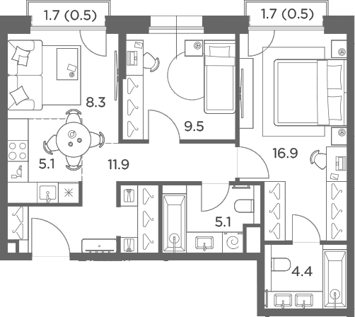 3-комн., 61.2 м², 6/6 этаж, ЖК «Станиславский»
