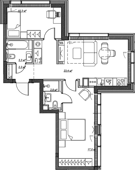 3-комн., 60.3 м², 59/59 этаж, ЖК «Веер»