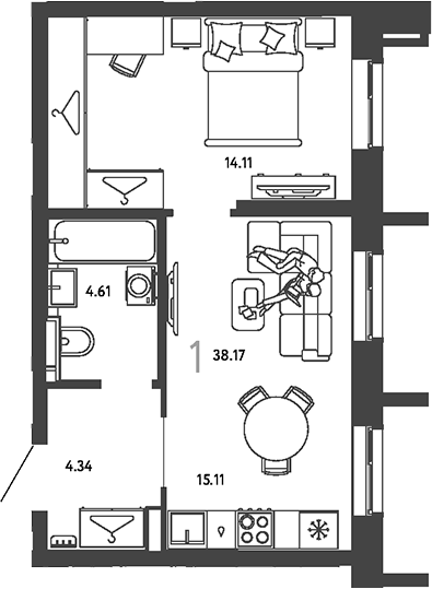 1-комн., 38.17 м², 11/24 этаж, ЖК «Страна.Парковая»