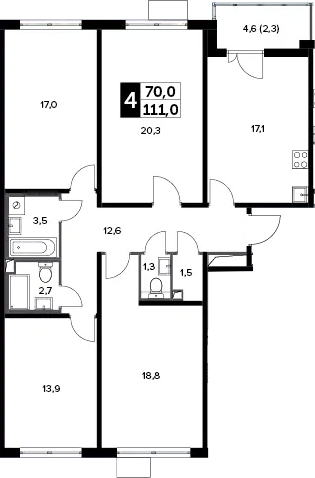 4+ комнаты, 110.5 м², 7/20 этаж, ЖК «Южная Битца»