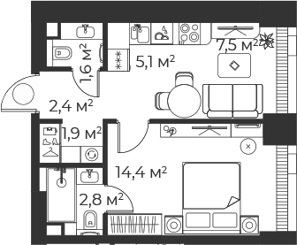 2-комн., 35.7 м², 3/71 этаж, ЖК «Веер»