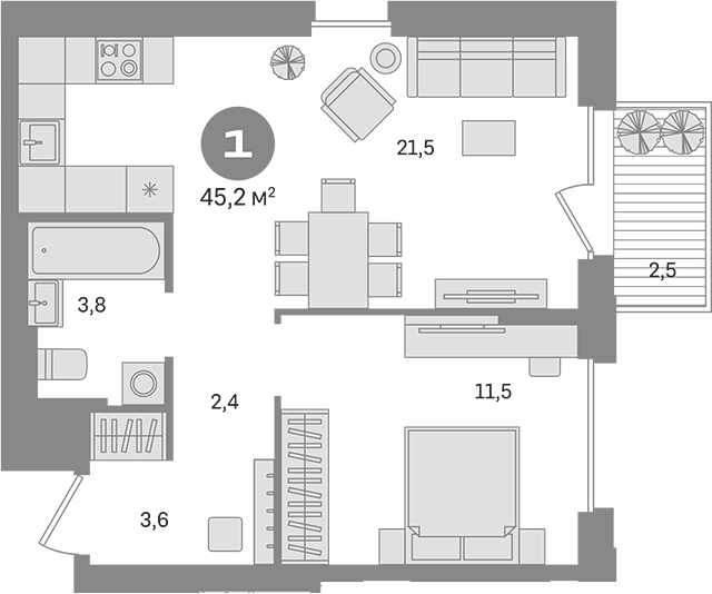 1-комн., 42.7 м², 6/16 этаж, ЖК «Квартал Герцена»