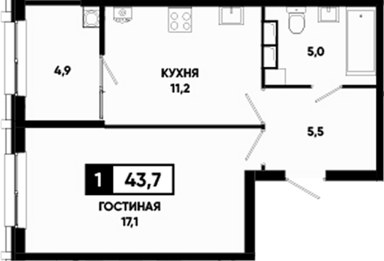 1-комн., 38.8 м², 11/24 этаж, ЖК «Основа. ГК ЮгСтройИнвест. Ставропольский край»