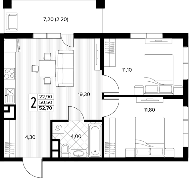 2-комн. квартира, 50.5 м² в ЖК Кипарис — фото 2
