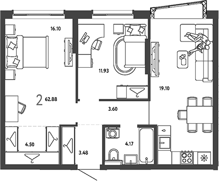2-комн., 62.88 м², 10/18 этаж, ЖК «Страна.Парковая»