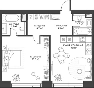 2-комн., 55.7 м², 14/52 этаж, ЖК «СВЕТ»