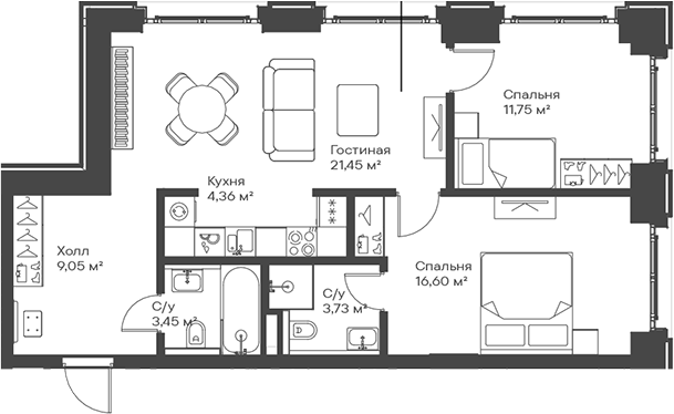 3-комн., 70.39 м², 4/15 этаж, ЖК «Сити Бэй»