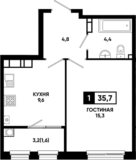 1-комн., 34.1 м², 12/18 этаж, ЖК «Резиденция Софи»