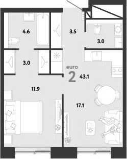 2-комн., 43.1 м², 32/38 этаж, ЖК «Страна.Заречная»