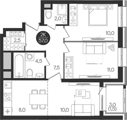 3-комн., 55.5 м², 20/32 этаж, ЖК «Кантемировский»