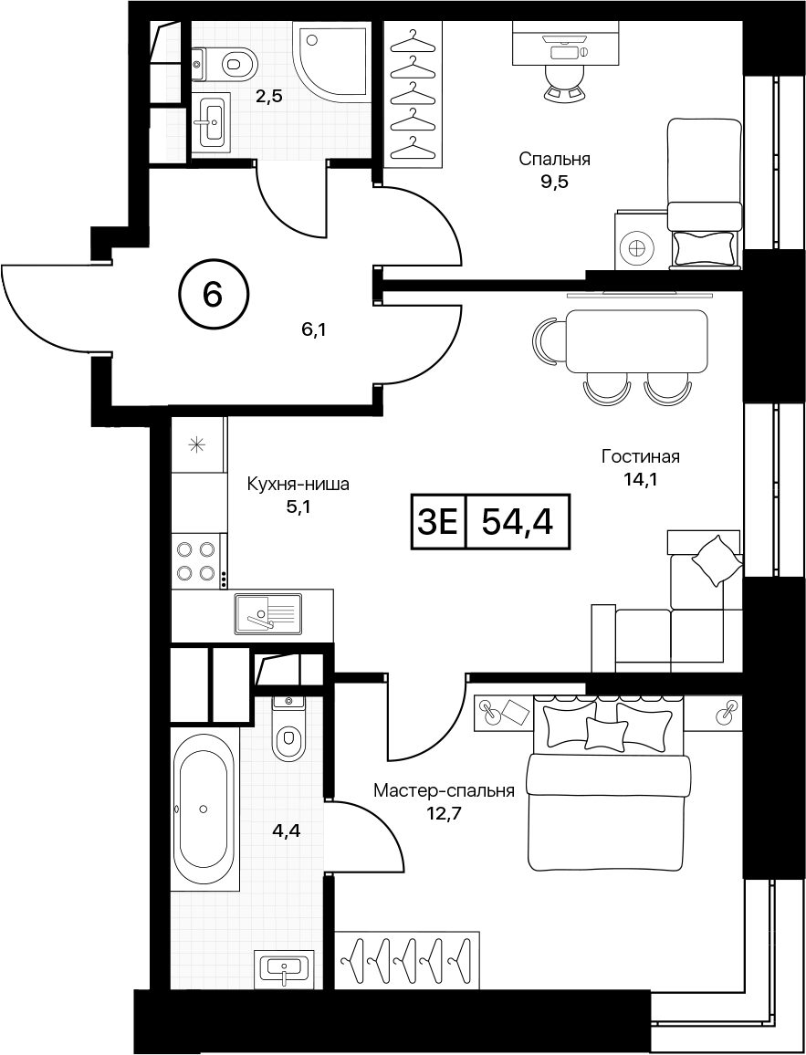 3-комн., 54.4 м², 13/17 этаж, ЖК «Пушкино Град»