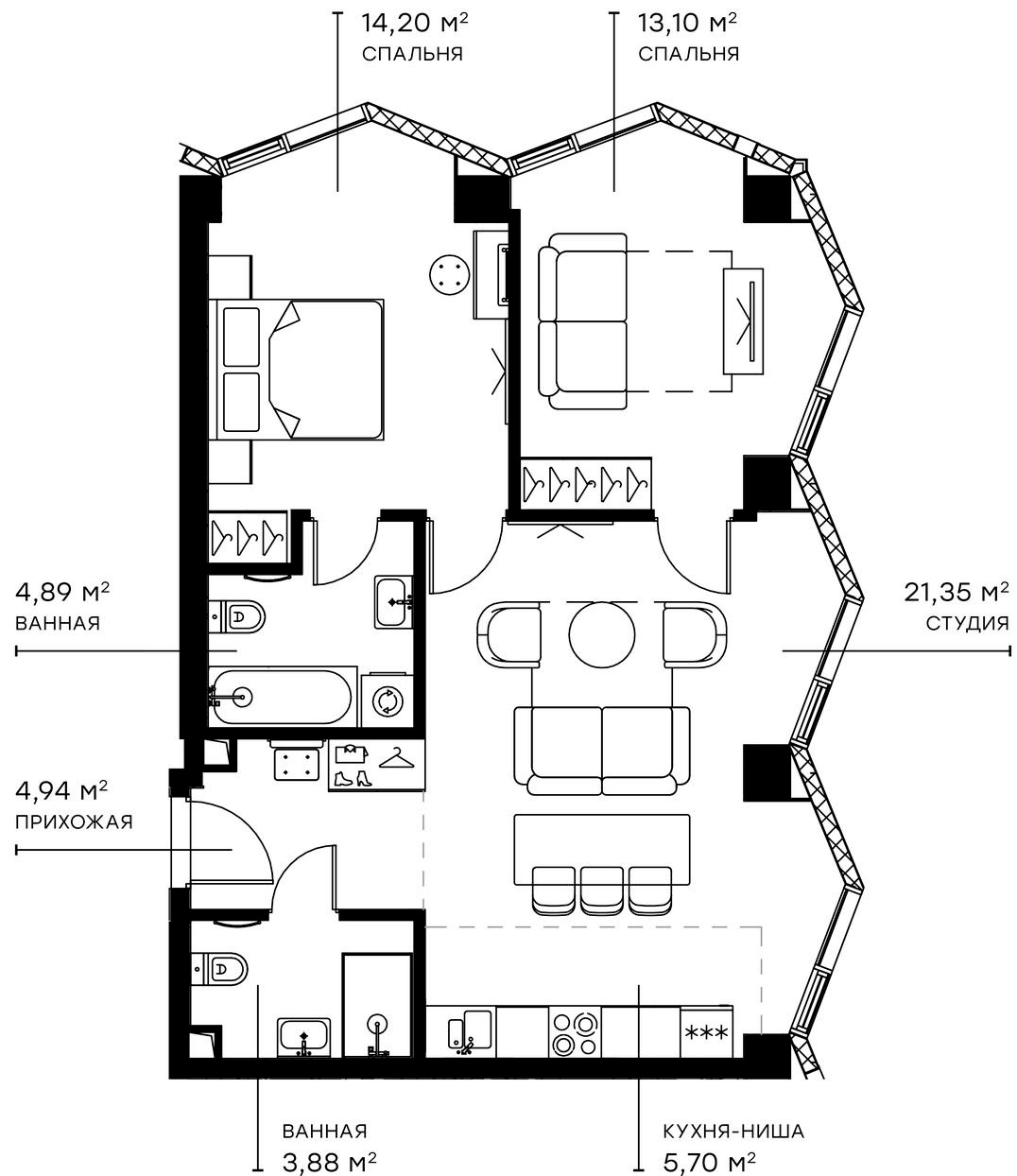 3-комн., 68.06 м², 9/49 этаж, ЖК «Симфония 34»