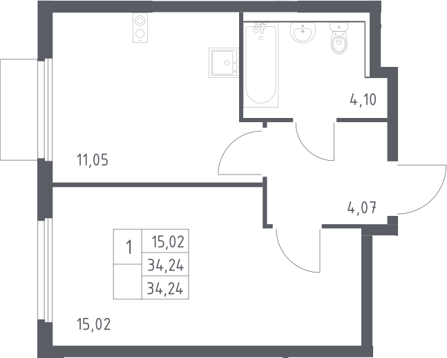 1-комн., 34.24 м², 17/17 этаж, ЖК «Пригород Лесное»