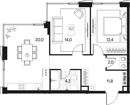 2-комн., 64.5 м², 4/20 этаж, ЖК «Клубный город на реке Примавера»