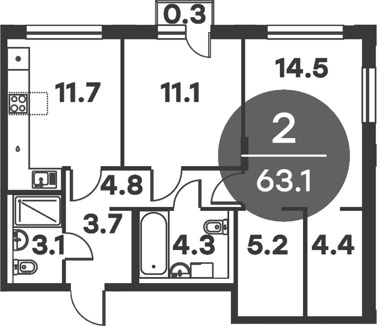 2-комн., 62.8 м², 2/6 этаж, ЖК «Равновесие»