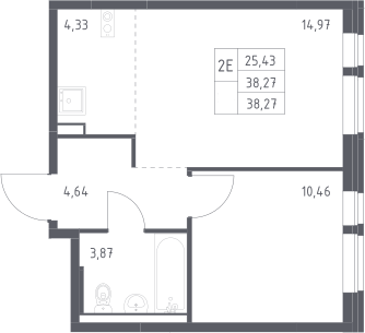 2-комн., 38.27 м², 9/13 этаж, ЖК «Квартал Авиаторов»