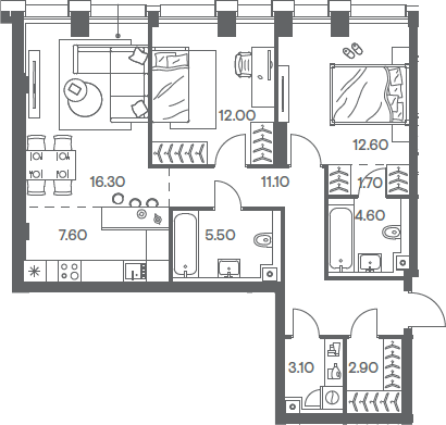 3-комн., 77.4 м², 13/32 этаж, ЖК «Инджой»